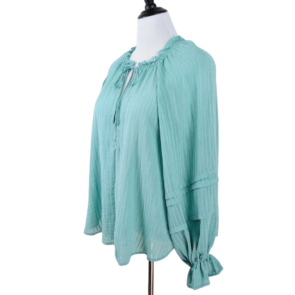 Free People Size S Out Of Town Balloon Long Sleeve Blouse Blue Jade